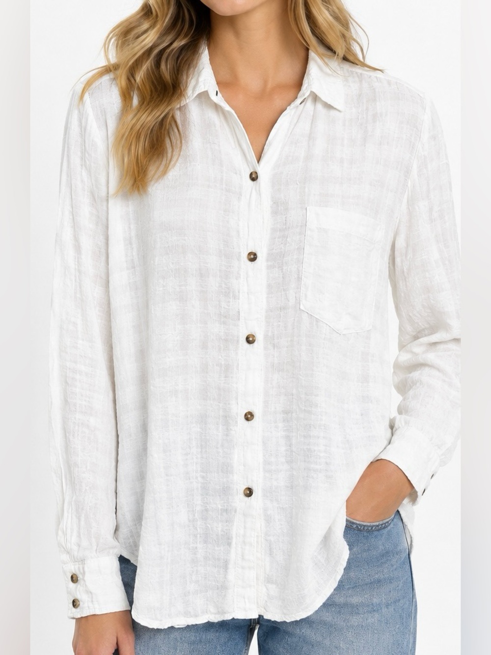 Pilcro Anthropologie Textured Linen Button Down Shirt Size 8 Coastal Minimalist